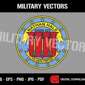 May include: A blue and yellow circle with a red shield and three gold arrows. The circle has the text "NATHAN HALE" and "SSBN 623" in black. The shield has the text "VIS UNITA FORTIOR" in black.