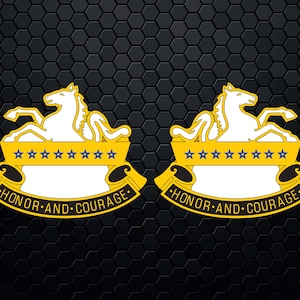 Puede incluir: Dos emblemas de caballo blanco con acentos amarillos y azules sobre un fondo negro. Cada emblema tiene nueve estrellas y el texto "HONOR AND COURAGE".