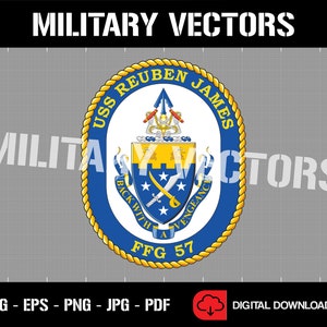 May include: A blue and gold military crest with the text "USS REUBEN JAMES FFF 57" and the words "BACK WITH A VENGEANCE" on a shield.