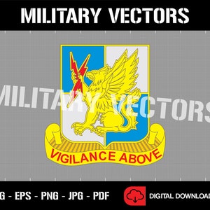 Puede incluir: Un escudo de unidad militar amarillo y azul con un grifo, rayos y las palabras "Vigilance Above".