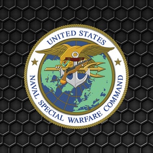 May include: A gold seal with a rope border and the words "United States Naval Special Warfare Command" around the edge. The seal features a bald eagle with wings spread, a trident, an anchor, and a rifle. The eagle is holding a rifle in its talons and a trident in its beak. The eagle is perched on a globe with a green and blue map of the world. The seal is on a black background with a hexagonal pattern.