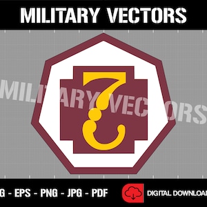 May include: A maroon octagon with a white border and a yellow number 7 inside. The number 7 is stylized with a flourish. The image is labelled "Military Vectors".