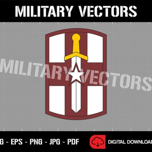 May include: A maroon shield with a white cross and a gold sword with a white star in the centre. The text "MILITARY VECTORS" is at the top of the image and "SVG - EPS - PNG - JPG - PDF" is at the bottom.