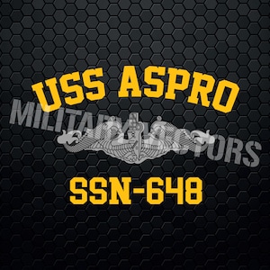 Puede incluir: Un gráfico negro y amarillo con el texto "USS ASPRO SSN-648" sobre un fondo de panal negro. El gráfico presenta un emblema de submarino estilizado con un delfín a cada lado.