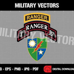 May include: A digital download of a vector graphic design featuring the 1st Ranger Battalion patch. The patch is a green, blue, and yellow shield with a lightning bolt and a star. The text "RANGER" is written in a red banner above the shield.