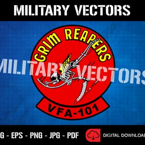 May include: A red and yellow military squadron patch with a skeleton figure flying with a scythe. The patch has the text "GRIM REAPERS" and "VFA-101" on it.