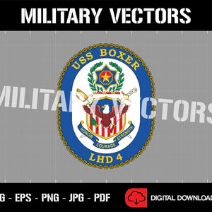 May include: A blue and gold circular emblem with a chain border. The emblem features a white eagle with a red shield, a five-pointed star, and the text "USS BOXER LHD 4". The text "HONOR", "COURAGE", and "STRENGTH" are written around the eagle.