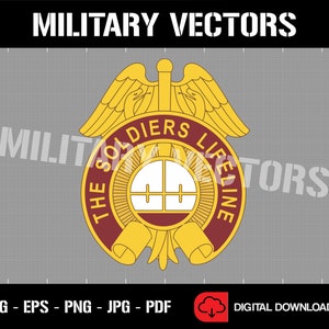 Op de afbeelding: Een rood en gouden militair embleem met een gestileerde adelaar en de woorden "The Soldiers Lifeline" rond een doelwitsymbool.