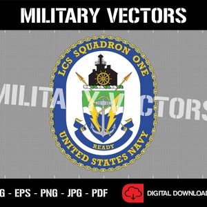 May include: A blue and white circular emblem with a gold chain border. The emblem features the text "LCS SQUADRON ONE" and "UNITED STATES NAVY" with a ship's wheel and anchor inside. The text "READY" is at the bottom of the emblem.