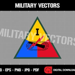 May include: A yellow, blue, and red triangle with a green border. The triangle has a black cannon with a red lightning bolt and the number "I" in the center. The text "MILITARY VECTORS" is written in white on a black background.