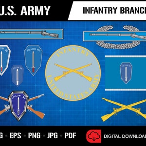 Pode incluir: Um download digital de um design de logotipo da ramificação de infantaria do exército dos EUA. O design apresenta um escudo azul com um rifle e uma baioneta cruzados, um design de rifle cruzado e um escudo azul com uma espada. O texto "Follow Me" aparece nos escudos. O design está em um fundo de grade azul.