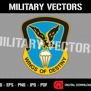 May include: A digital download of a vector graphic of the 82nd Airborne Division patch. The patch is a blue shield with a yellow border and a black eagle with wings spread. The eagle is holding a parachute in its talons. The words "Wings of Destiny" are written on the shield in a yellow arc.