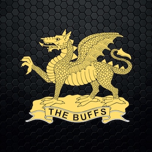 Può includere: Un drago giallo con ali e una coda arrotolata attorno al suo corpo. Il drago è in piedi su un rotolo giallo con il testo "THE BUFFS" in nero.