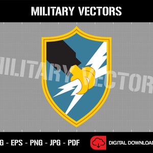 May include: A yellow shield with a blue center and a black hand grasping a white lightning bolt. The shield has a yellow border. The text "MILITARY VECTORS" is at the top of the image.