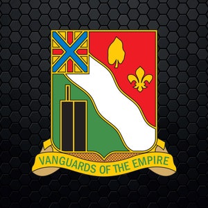 May include: A green, white, and red shield with a black tower, a gold fleur-de-lis, and a gold maple leaf. The shield is surrounded by a gold scroll with the text "Vanguards of the Empire".