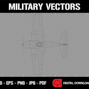 May include: A black and white line drawing of a military aircraft, a fighter plane, on a gray grid background. The text "MILITARY VECTORS" is at the top of the image. The text "SVG - EPS - PNG - JPG - PDF" is at the bottom of the image.