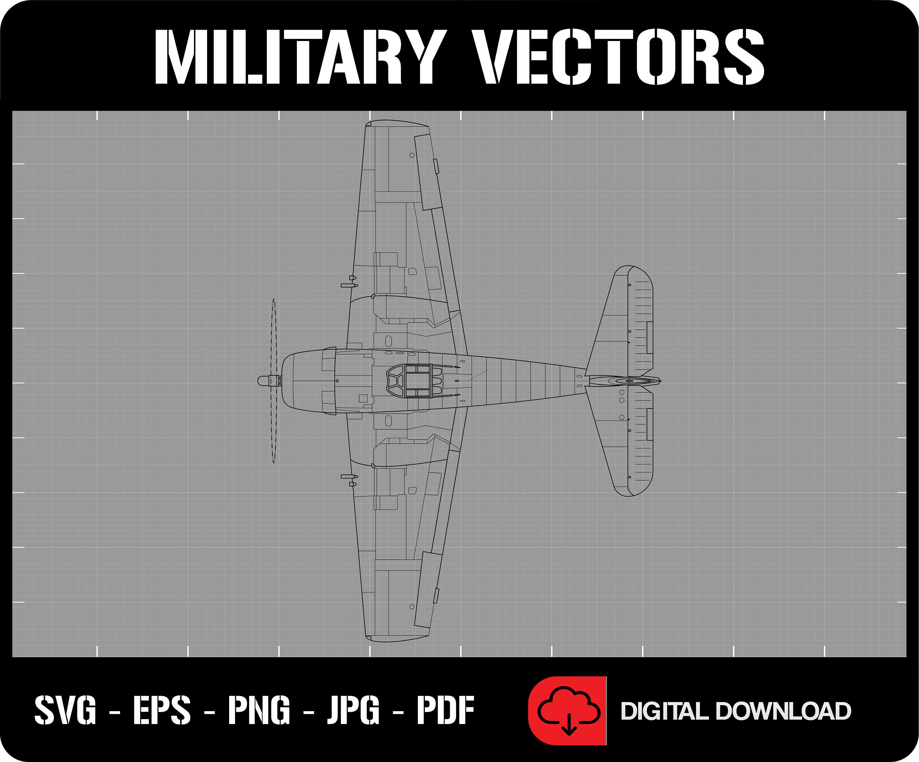 Grumman F6F Hellcat Fighter Aircraft Line Drawing Blueprint Outline Silhouette - Digital Vector Cricut Cut File .svg .eps .png .jpg