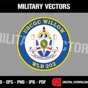 May include: A blue and yellow circular emblem with the text "USCG Willow WLB 202" and a lighthouse with a sunburst design. The emblem also features a green tree with a lightning bolt, a white ribbon with red stripes, and a sword.