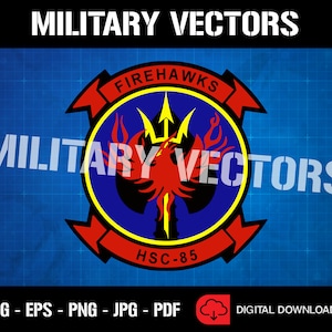 May include: A red, yellow, and blue military insignia with a red phoenix and a trident. The text "FIREHAWKS" and "HSC-85" are on the insignia.
