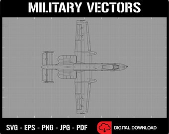 Fairchild Republic A-10 &quot;Warthog&quot; Thunderbolt II Line Drawing Blueprint Outline Silhouette - Digital Vector Cricut Cut File .svg .eps .png