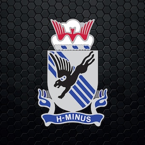 May include: A grey shield with a black winged creature with a red and white crest above it. The shield is surrounded by a blue ribbon with the text "H-MINUS" on it. The background is a black honeycomb pattern.