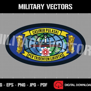 May include: A blue and yellow oval patch with the text "CASIMIR PULASKI" and "PER TRIDENTEM LIBERTAS". The patch features a submarine, a globe, and a stylized flower.