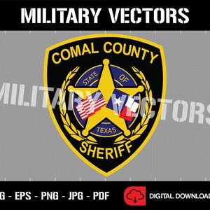 May include: A yellow and black sheriff's badge with a five-pointed star in the center. The star is blue with a red and white American flag and a red and white Texas flag on either side. The text "Comal County" is written in a yellow arc above the star. The text "State of Texas" is written below the star. The text "Sheriff" is written in a yellow arc below the star.