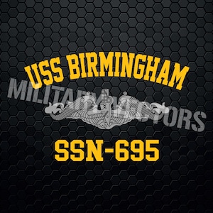 May include: A black and white image of a submarine emblem with the text "USS BIRMINGHAM SSN-695" in yellow letters on a black honeycomb background.