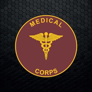May include: A maroon circle with the words "MEDICAL CORPS" in yellow lettering. A gold caduceus symbol is in the centre of the circle.