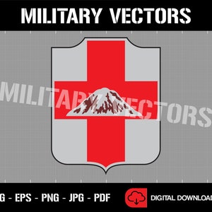 May include: A grey shield design featuring a red cross and a mountain illustration. The words "MILITARY VECTORS" are at the top. The bottom of the image has file type options and a digital download icon.