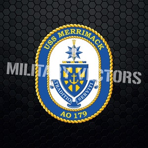 May include: A blue and gold circular emblem with the text "USS MERRIMACK AO 179" and a shield with an anchor and the words "TRADITIO SERVITI" in Latin.