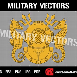 May include: A gold-colored vector graphic of the United States Navy's Submarine Force insignia. The insignia features a diving helmet, two seahorses, and a trident.
