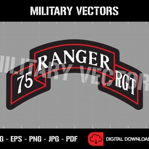 Pode incluir: Gráfico preto e vermelho de um patch militar com o texto "RANGER 75 RGT" em branco. O patch é arqueado e delineado em vermelho. As palavras "MILITARY VECTORS" estão no topo. A parte inferior da imagem inclui opções de tipo de arquivo e um ícone de download digital.