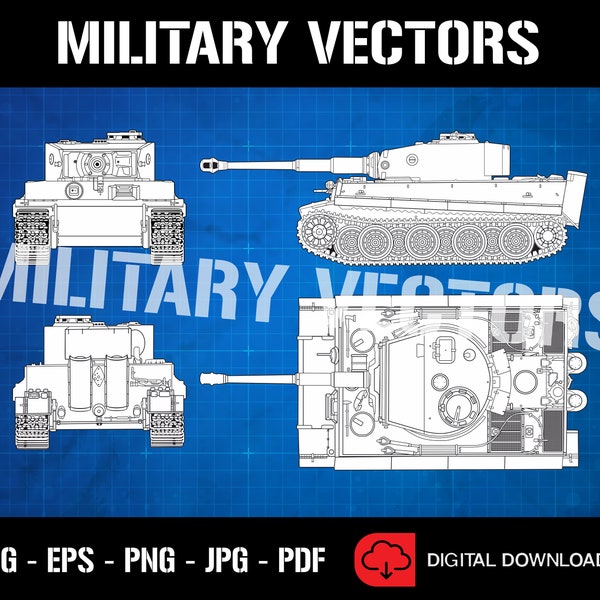 German Pz-VI Tiger Tank - Silhouette Outline Blueprint Diagram - Logo Decal Emblem Crest Insignia - Digital SVG Vector Drawing File