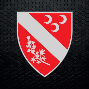 May include: A red shield with a white diagonal stripe and three white crescent moons in the upper right corner. A white stylized plant with leaves and flowers is in the lower left corner.