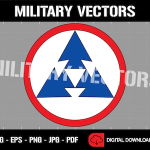 May include: A red circle with a white background and three blue triangles inside. The triangles are arranged in a triangular shape, with the points of the triangles facing inward. The circle has a red border.