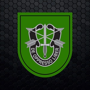 Puede incluir: Parche militar verde y negro con una espada y flechas, y el texto "DE OPPRESSO LIBER".