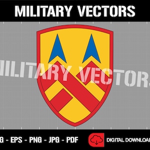 May include: A yellow, red and blue military unit insignia with two blue triangles and three red chevron shapes. The insignia is surrounded by a black outline and is set against a grey background. The text "MILITARY VECTORS" appears at the top and bottom of the image.