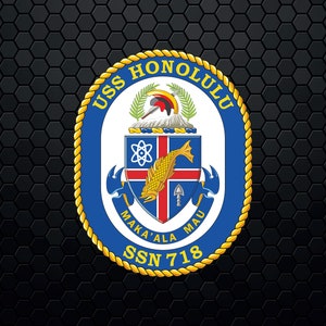 May include: A blue and gold crest with the text "USS HONOLULU SSN 718" and the words "MAKA'ALA MAU" in a white banner.