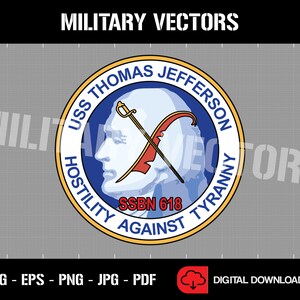May include: A blue and gold circular emblem with the text "USS THOMAS JEFFERSON HOSTILITY AGAINST TYRANNY" and "SSBN 618" inside. The emblem features a crossed sword and a red flag.