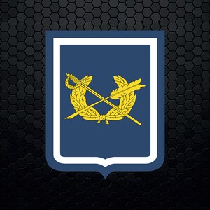 May include: A blue and white shield with a gold laurel wreath and crossed swords. The shield is on a black background.