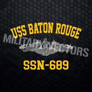 May include: A black and white image of a submarine emblem with the text "USS BATON ROUGE SSN-689" in yellow letters on a black honeycomb background.