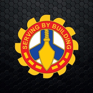 May include: A yellow and red circular logo with a gear design. The logo has the words "Serving By Building" written around the outside. Inside the circle is a white peace symbol with a yellow trowel in the center.