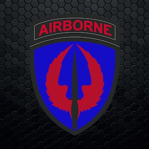 May include: A blue and red military patch with the word "AIRBORNE" in white letters. The patch features a black dagger with red wings.