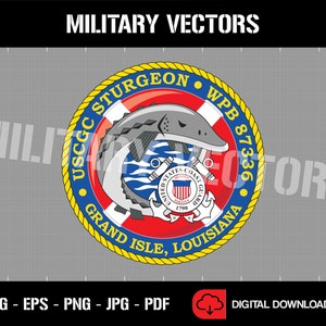 May include: A yellow, rope-like circle with the text "USCG STURGEON • WPB 87336 GRAND ISLE, LOUISIANA" around the edge. Inside the circle is a red, white, and blue life preserver with a sturgeon fish swimming through it. The life preserver has the United States Coast Guard emblem in the center.