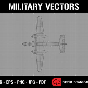 May include: A black and white line drawing of a military aircraft, a B-25 Mitchell bomber, viewed from above. The image is on a gray grid background with the text "MILITARY VECTORS" at the top and "SVG - EPS - PNG - JPG - PDF" at the bottom.