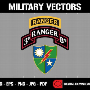 May include: A digital download of a vector graphic featuring the 3rd Ranger Battalion insignia. The insignia is a green and blue shield with a lightning bolt and a star. The shield is surrounded by a black and red banner with the words "3D RANGER BN" in white.
