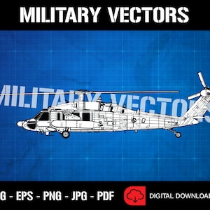 May include: A black and white line drawing of a military helicopter on a blue grid background. The helicopter is a side view and has a large rotor on top. The text "MILITARY VECTORS" is at the top of the image and the text "DIGITAL DOWNLOAD" is at the bottom of the image.
