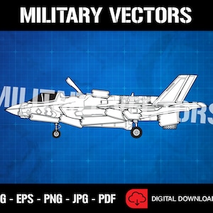 May include: A white and gray military fighter jet on a blue grid background. The text "MILITARY VECTORS" is at the top of the image. The text "SVG - EPS - PNG - JPG - PDF" is at the bottom of the image. The text "DIGITAL DOWNLOAD" is at the bottom right of the image.