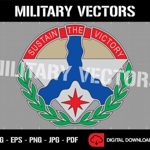 Puede incluir: Un emblema militar circular con un diseño de estrella estrellada azul, blanco y rojo. El emblema está rodeado por una corona de laurel verde y una pancarta blanca con el texto "Sostener la victoria".